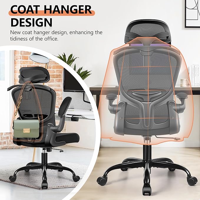 FelixKing Office Chair with Headrest, Ergonomic Desk Chair with Wheels, Task Swivel Comfy Chair with Adjustable Lumbar Support, Breathable Mesh Computer Chair with flip-up Armrests for Home (Black)