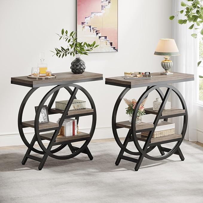 Tribesigns End Table for Living Room, 3-Tier Narrow Side Table with Storage, Wood Sofa Side Table with Geometric Metal Frame, Industrial Nightstand and Bedside Table for Bedroom