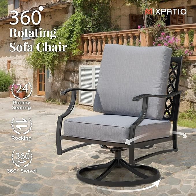 Patio Furniture Set 7 pcs, Outdoor Patio Furniture, 3-Seat Sofa, 2 Single Chairs, 2 Swivel Chairs, 2 Ottomans and 5.75" Extra Thick Cushion, Patio Conversation Set for Backyard Deck,Grey