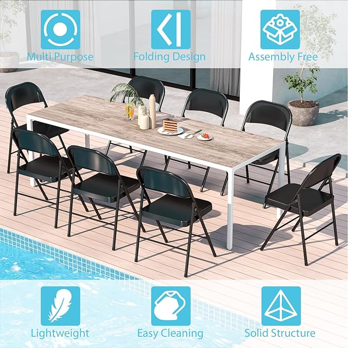 Metal Folding Chairs Steel Frame with Double Hinged for Office Kitchen Dinning Wedding Patio and Garden,No Assembly, Set of 4, Black