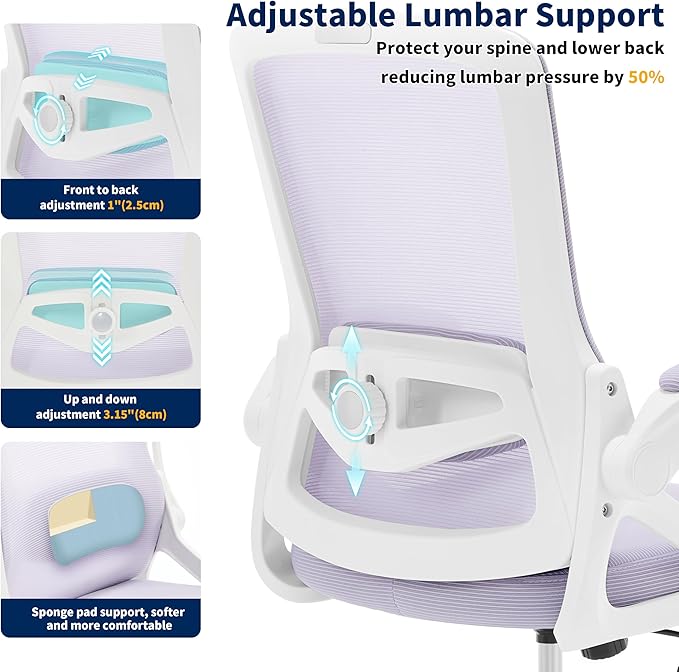 Ergonomic Office Chair, Desk Chair with Adjustable Lumbar Support, Breathable Mesh Comfy Computer Chairs with Flip-up Armrests Executive Task Chair for Adults Home Office(Lavender)
