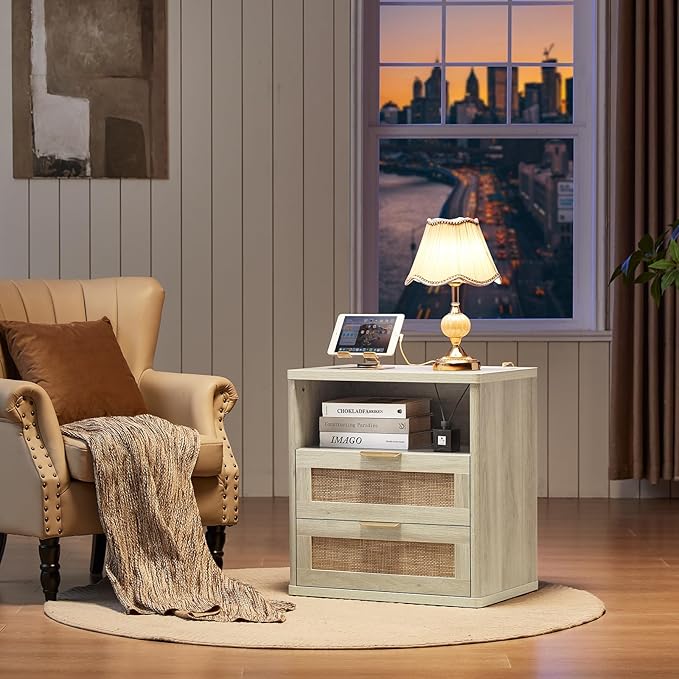LEYAOYAO Rattan Nightstands with Charger Station, 23" Wide Boho Night Stand with 2 Drawers, Grey White Bedside Table Open Shlef, Bed Side End Table Dresser for Bedroom, Living Room Hallway