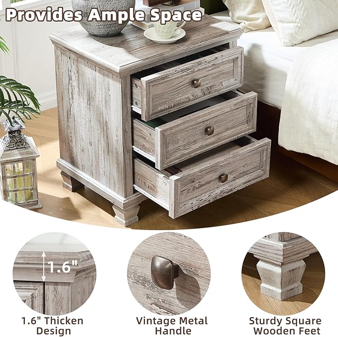 Farmhouse Nightstand Set of 2, Rustic Accent End Table with 3 Drawers & 4 Square Solid Wood Legs, Vintage Bed Side Table with Storage, Small Dresser for Bedroom, Living Room, Grey