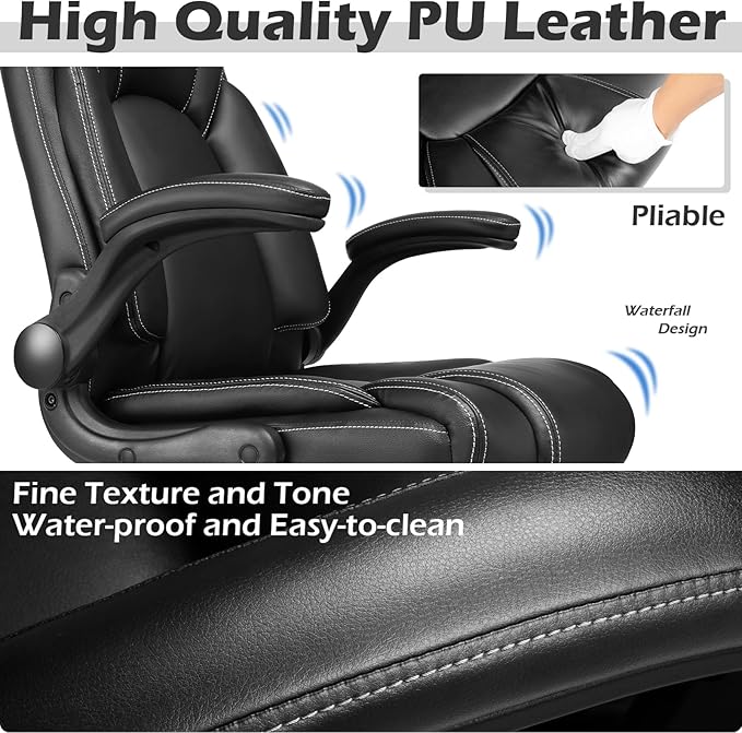 OUTFINE Flip-up Arms Office Chair 300lbs Executive Chair Swivel Office Chair with hydrolysis-Resistant Leather Spring Cushion Thick Padding and Ergonomic Design (Black, Flip Arm Medium)