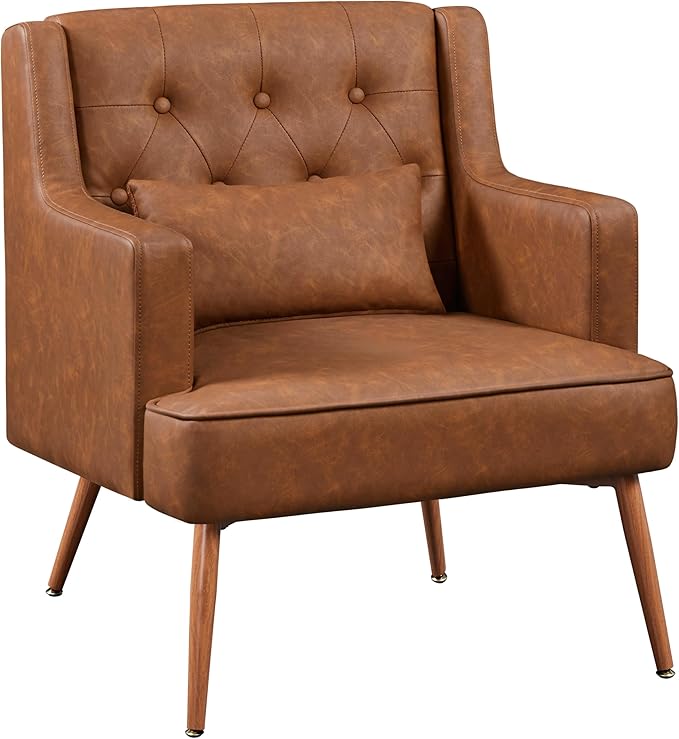 Yaheetech Accent Chair, Living Room Chair Mid Century PU Leather Armchair Lumbar Pillow, Comfy Upholstered Reading Chair Wood Leg Bedroom Lounge Brown