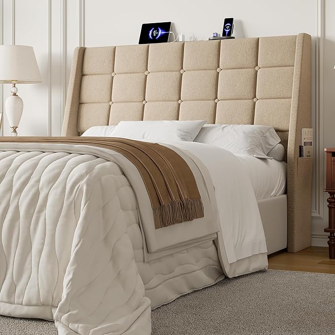 Full Size Headboard with Charging Station, Ergonomic Upholstered Linen Headboards Only, Wingback Wood Bed Head Board with Storage Pocket, Bed Frame Adapters, Beige