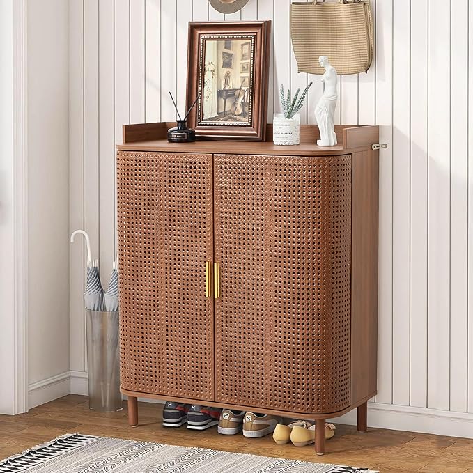 ORRD Shoe Cabinet, 5 Tier Boho Wooden Shoe Storage Organizer Cabinet with Adjustable Shelves, Shoes Rack with Iron Rattan Curved Doors Accent Cabinet for Entryway Hallway Living Room, Walnut
