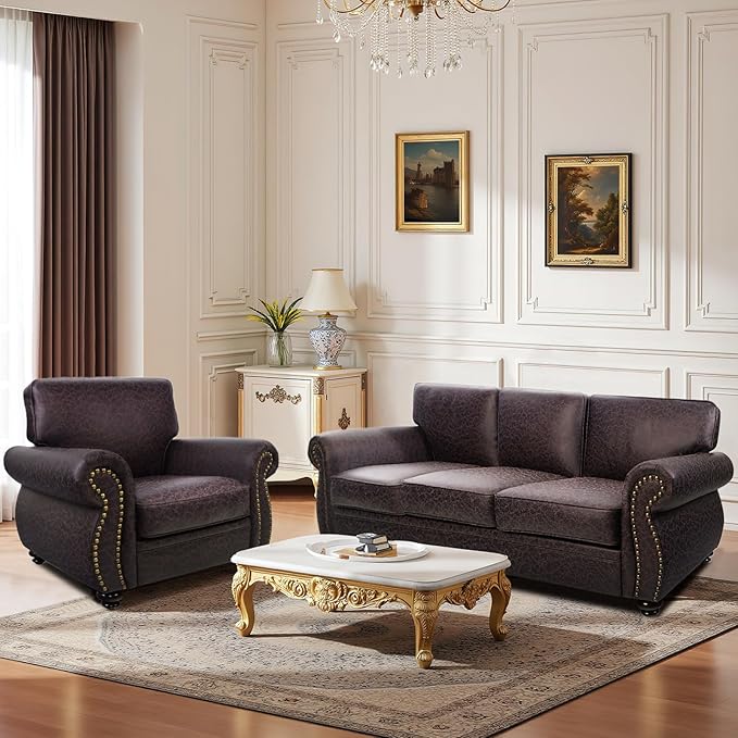 Mid-Century Vintage Sofa Couches with Rivet Design,loveseat Sofa,Removable Sofa Cover Upholstered Cushions and Solid Wood Frame (Brown, Loveseat)