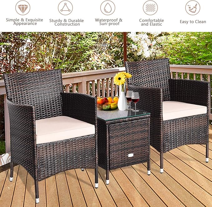 COSTWAY 3 PCS Patio Furniture Set, Outdoor Wicker Conversation Set with Tempered Glass Coffee Table, Seat Cushions, Rattan Wicker Chairs for Poolside Balcony Porch Backyard, Beige