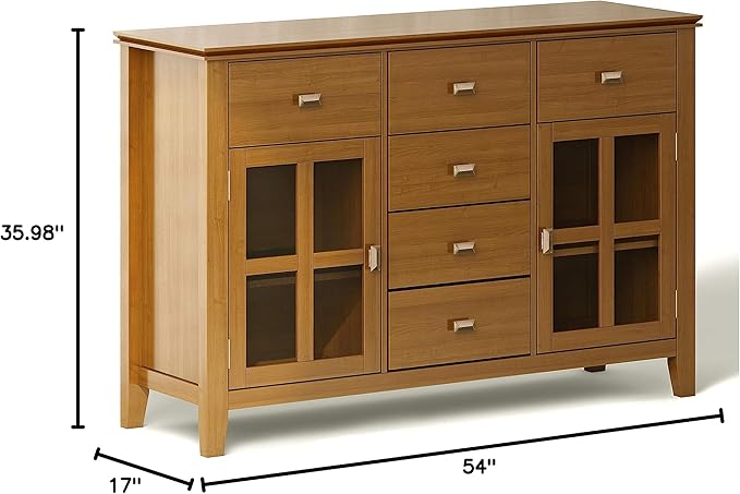SIMPLIHOME Artisan Buffet - 54 inch Wide Solid Wood 3-Door Sideboard Buffet in Honey Brown, Transitional Storage Cabinet for Dining Room or Kitchen with Adjustable Shelves and Bronze Hardware