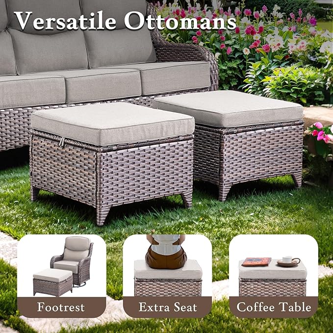 Luxury High Back Outdoor Furniture with 6-inch Extra Thick Cushions, Patio Furniture Set with Swivel Chairs, 5 PCS Wicker Conversation Set for Yard, Deck, Poolside, Brown/Beige