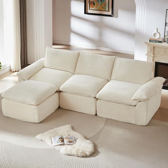 113.03" Sectional Couches for Living Room Modern Modular Sofa with L-Shape Couchs Upholstered Corduroy Boneless Couch Deep Seat Cloud Couch with Ottoman, No Assembly Required, White
