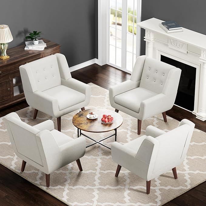 HUIMO Accent Chairs Set of 4, Upholstered Button Tufted Armchair, Linen Fabric Sofa Chairs for Bedroom, Living Room, Mid Century Modern Comfy Reading Chair (4, Beige)
