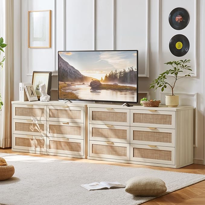 LEYAOYAO Rattan 6 Drawer Dresser for Bedroom Set of 2, Boho 54" Wide White Dresser Chest of Drawers, Dressers TV Stand with Metal Handle, Storage Dressers Closet Organizer for Living Room, Hallway