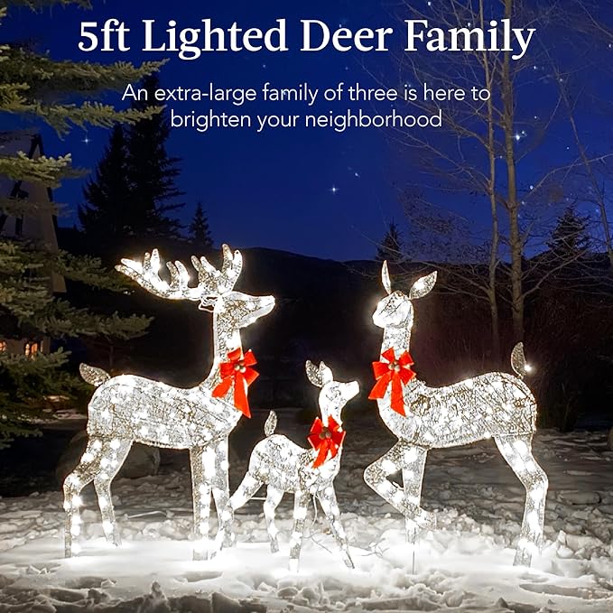 Best Choice Products 3-Piece Large Lighted Christmas Deer Family Set 5Ft Outdoor Yard Decoration with 360 LED Lights, Stakes, Zip Ties - Silver