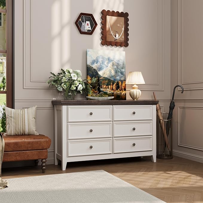 Dresser for Bedroom 6 Drawers Dresser - 47.2" Wide 6 Chest of Drawers Storage Double Cabinet as Bedfoot Organizer & Wardrobe Cabinet(Antique White & Brown)
