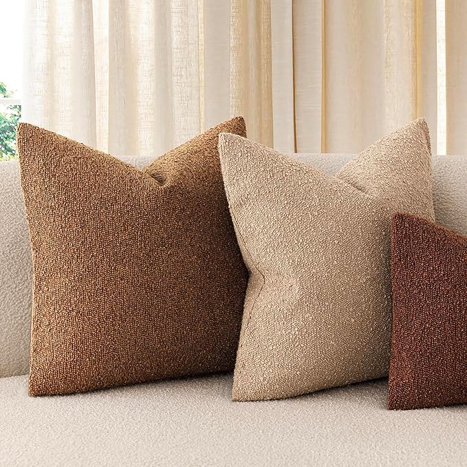 Foindtower Pack of 2 Textured Boucle Throw Pillow Covers Accent Solid Pillow Cases Cozy Soft Decorative Couch Cushion Case for Chair Sofa Bedroom Living Room Home Decor 18x18 Inch Hazel Brown
