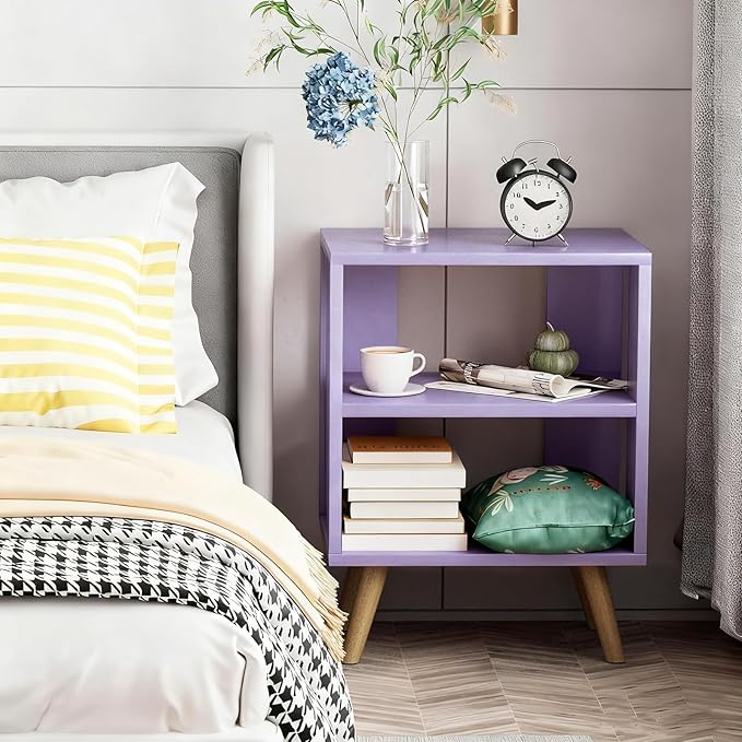 Night Stand, Purple Kids Nightstand, Modern End Table with Open Storage, 2-Tier Nursery Bedside Table for Small Space, Living Room, Bedroom