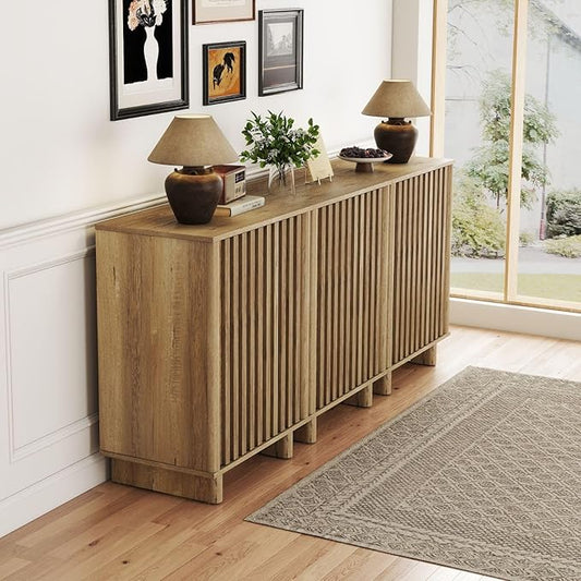 LukeAlon Fluted Sideboard Cabinet with Storage, 70" Farmhouse Boho Accent Buffet Cabinet, Wooden Credenza Cabinets for Living Room Dining Room Entryway Hallway, Natural Wood Color