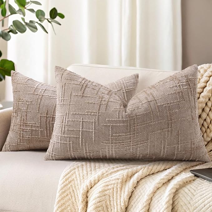 decorUhome Fall Oatmeal Chenille Throw Pillow Covers 12x20 Set of 2 Thick Textured Slubby Couch Pillow Covers Farmhouse Accent Modern Neutral Decorative Pillow Cases for Bed Sofa Living Room