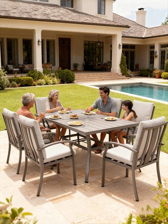7-Piece Outdoor Patio Dining Set, Aluminum Patio Dining Set with 2.2" Umbrella Hole, Outdoor Table and Chairs with Cushions, Patio Furniture Sets for Lawn, Garden, Backyard, Limed Oak
