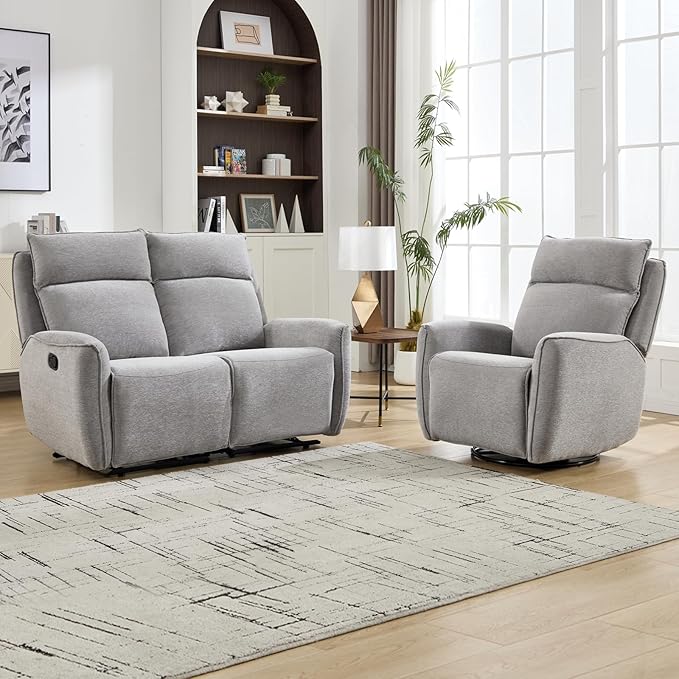 INZOY Nursing Rocking Chair Recliner, Swivel Rocker Recliner, Swivel Glider Rocking Recliners with Soft Backrest, Chenille Fabric Manual Reclining Sofa for Living Room Bedroom Apartment, Grey