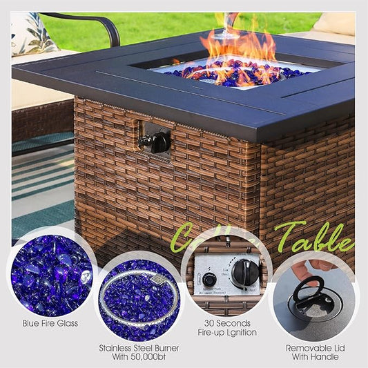 Sophia & William Patio Furniture Set with Fire Pit Table, 5 PCS Metal Outdoor Conversation Set Sofa Couch with Fire Pit Table, 4 Sofa Chairs for Outdoor Seating,Backyard,Porch(Navy)