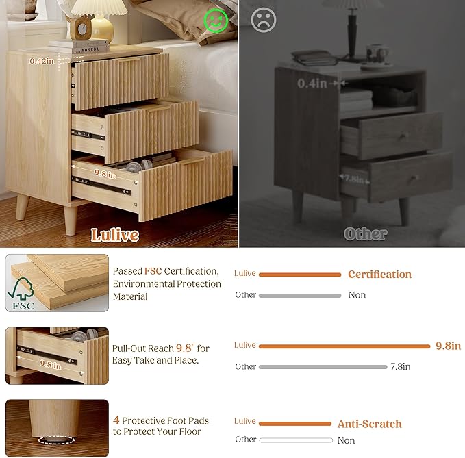 Lulive Wood 3 Drawers Dresser Fluted Night Stand with Charging Station, Storage Nightstand Modern Side Table, Bedside Table for Bedroom, Entryway Natural