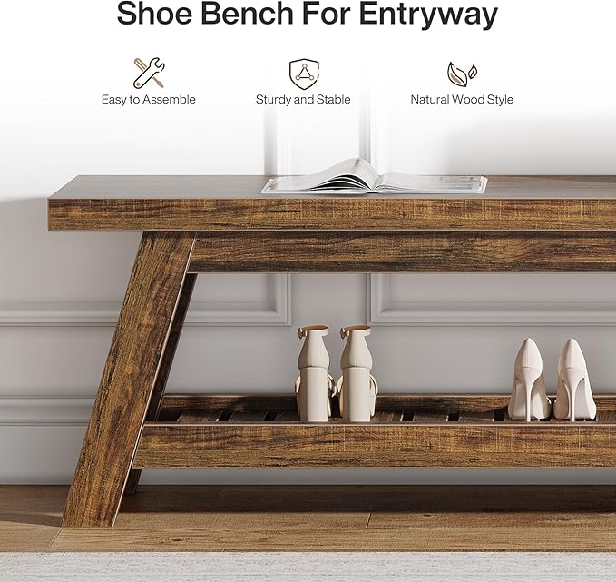 Tribesigns 55" Large Wood Entryway Bench with Shoe Storage, 2-Tier Rustic Brown Narrow Hallway Foyer Seating Bench with Open Shelves for Entryway, Bedroom, Mudroom