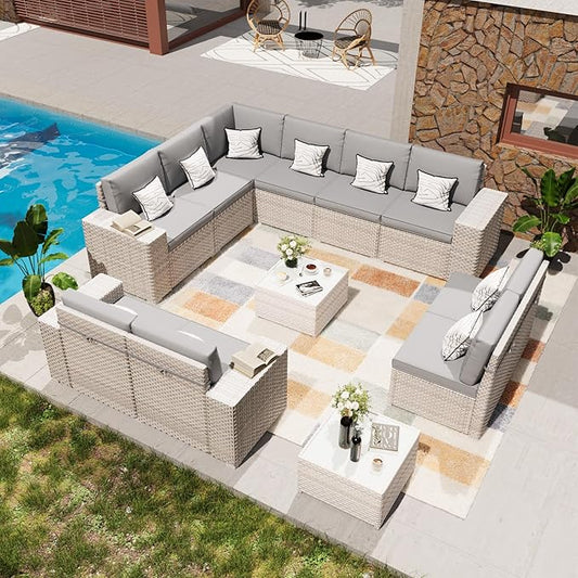 12-Piece Patio Furniture Set, Outdoor Extra Wide Armrest Modular Patio Sofa, Dual-Strand Rattan Wicker, Rust-Resistant Frame, Backyard High Back, Large Seat Furniture for Porch Garden Balcony, Grey
