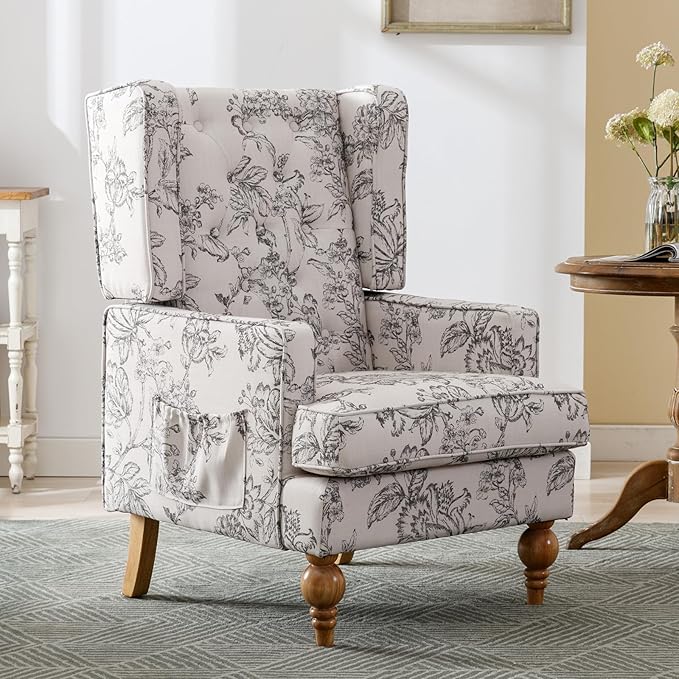 DUOMAY Tufted Accent Chair, Modern Linen Upholstered Wingback Side Arm Chair for Living Room Bedroom with Wood Legs, Comfy Reading Guest Chair for Office, Beige Flower Pattern