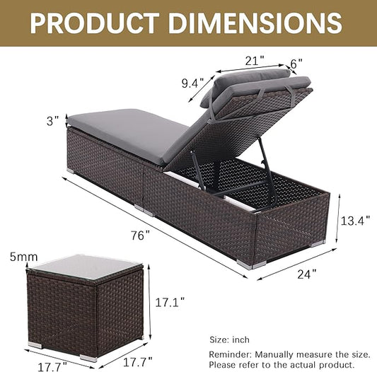 3 PCS Patio Chaise Lounge Outdoor Lounge Chair Patio Reclining Chair with Coffee Table Cushion&Pillow 5 Angle Adjustment Brown Rattan for Courtyards Poolside Garden