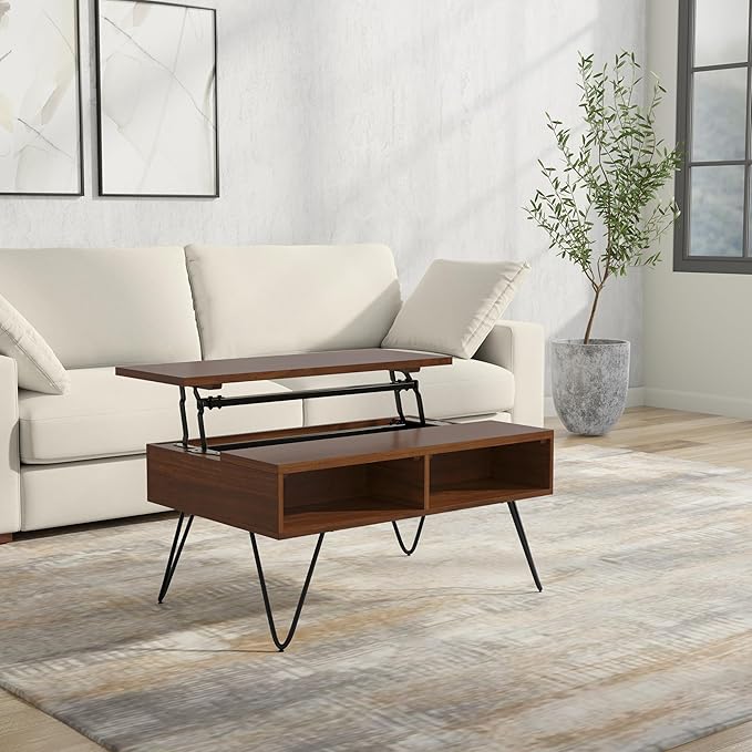 SIMPLIHOME Hunter Small Lift Top Coffee Table - 36 inch Wide Solid Walnut Veneer and Metal Industrial Cocktail Table, Living Room Table with Hidden Storage, 2 Cubbies, and Hairpin Legs