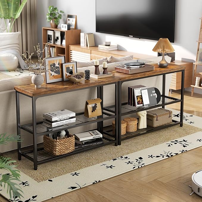 47" Console Table with Storage, 3-Tier Narrow Entryway Table, Sofa Table with Mesh Shelves, Console Tables for Living Room, Bedroom, Hallway, Entryway, Foyer, Rustic Brown