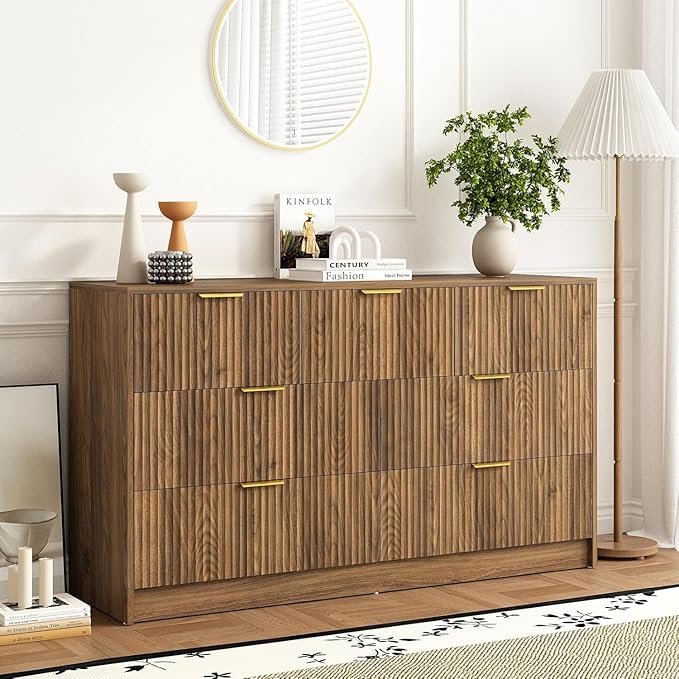 7 Drawers Dresser for Bedroom,55" Wide Fluted Dresser with Deep Drawers, Modern Chest of Drawers, Mid Century Wood TV Stand Storage Organizer for Closet, Living Room, Hallway, Natural