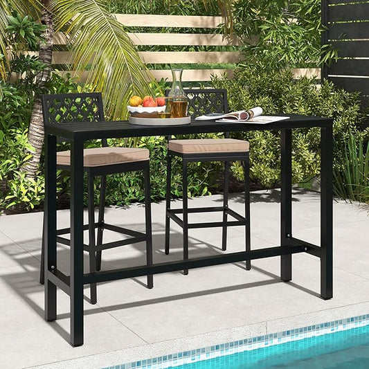 COSTWAY 3 Piece Outdoor Bar Table and Chairs Set, 55" Pub Height Bar Table & 2 Cushioned Bar Stools with Rhombus Backrest, Metal Patio Bar Table Set for Balcony, Backyard, Porch, Pool