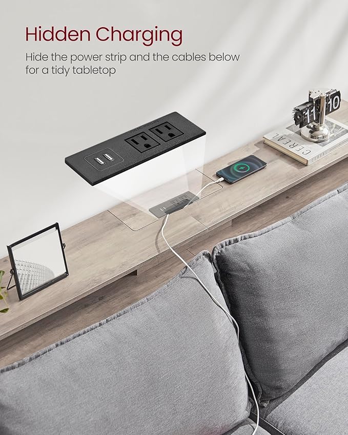 VASAGLE 55.1-Inch Console Table with Outlet and Shelves, Sofa Table with Charging Station, Behind Couch Table Skinny, Entryway Table for Hallway, Living Room, Heather Greige and Ink Black ULNT120K02