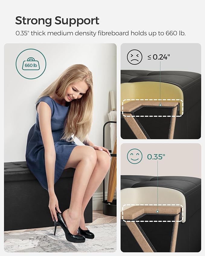 SONGMICS MAZIE Collection - 30 Inches Storage Ottoman Bench with Flipping Lid, Storage Chest Footstool, Load 660 lb, for Entryway, Living Room, Bedroom, Synthetic Leather, Black ULSF45BK