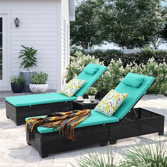 3 PCS Patio Chaise Lounge with Coffee Table Cushion&Pillow Outdoor Lounge Chair Chaise Lounger Patio Reclining Chair 5 Angle Adjustment Black PE Rattan for Courtyards Poolside Garden (Green)