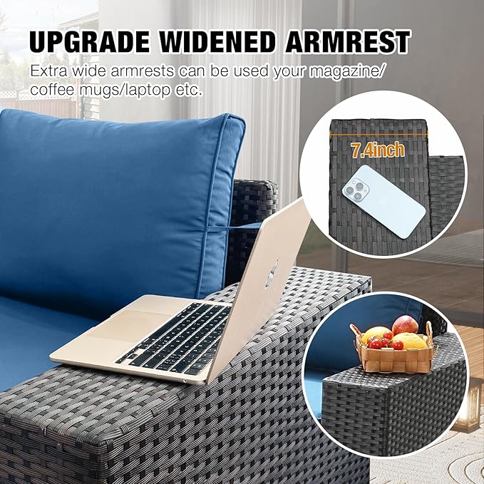 7 Pieces Patio Furniture Set All-Weather Outdoor Wicker Sectional Conversation Sofa Rattan Patio Seating Sofa with Cushion and Glass Table for Porch Poolside,Peacock Blue