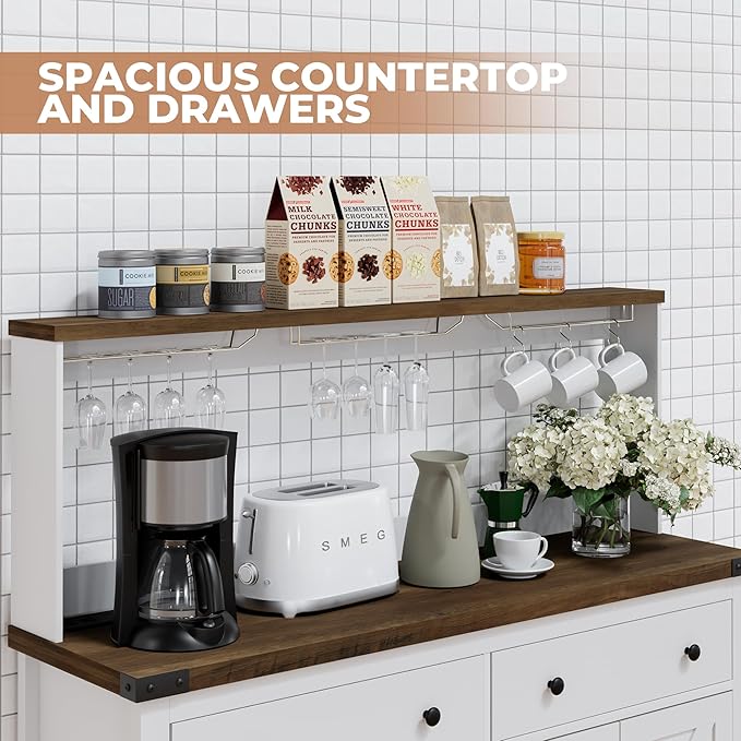 Hutch Storage Cabinet Buffet with Drawers, and Charging Station, Coffee Bar Cabinet with Barn Doors, Wine Rack and Hooks, Countertop, Long Farmhouse, White, for Kitchen, Dining Room, 54.1" High