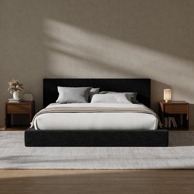 RECCI Cloud Upholstered King Bed Frame with Headboard, 5 Inch Foam Padded Platform, No Box Spring, Easy Assembly (Onyx)