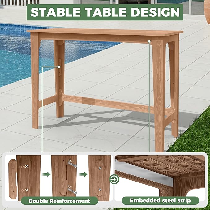 HDPE Outdoor Patio Bar Set with High Top Table and 2 Adirondack Chairs, All-Weather Bar Height Outside Rectangular Pub Furniture for Bistro, Garden, Backyard, Deck | 3-Pieces, Teak