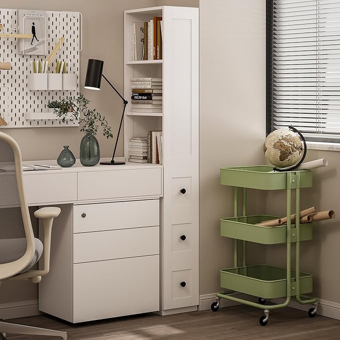 LAUSAINT HOME Tall Bathroom Storage Cabinet, Anti-Tipping Narrow Floor Cabinet with 2 Adjustable Shelves & 3-Level Drawers for Small Space, Home, Bathroom, Kitchen, Laundry (White)