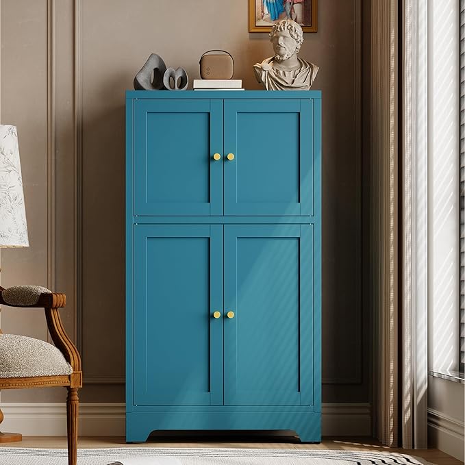 Blue Bathroom Storage Cabinet,Metal Bathroom Cabinet,Navy Blue Storage Cabinets,Bathroom Floor Cabinet with 2 Adjustable Shelves&4 Doors