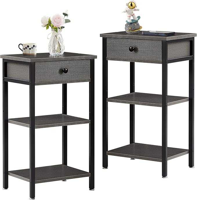 VECELO Tall End Table Set of 2,Nightstand with Drawer and Adjustable Storage Shelf,27.6 inch Side Table for Living Room/Bedroom/Entryway Small Spaces