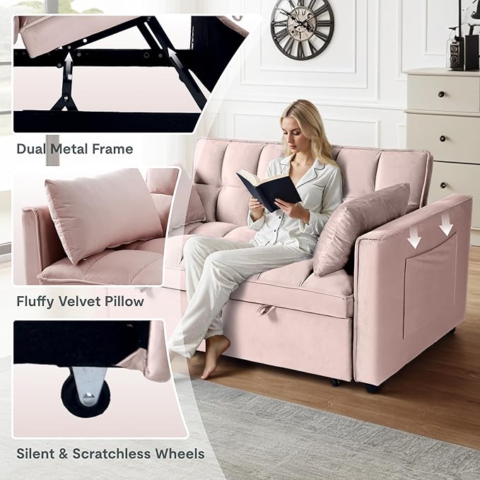 FLEXISPOT XCT4 Pull Out Couch for Small Spaces, 3-in-1 Convertible Loveseat Sofa Bed with Adjustable Backrest, Compact Futon Sofa Bed Twin Sleeper Loveseat for Apartment Dorm RV Guest Room,Pink