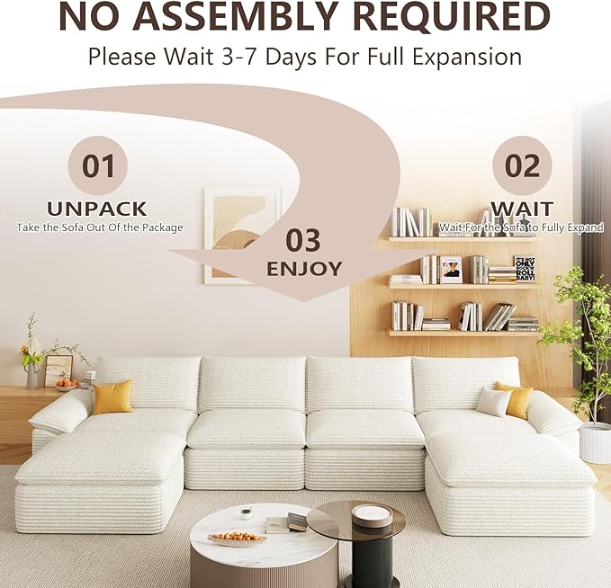 141.74" Sectional Couches for Living Room Modern Modular Sofa with U-Shape Couchs Upholstered Corduroy Boneless Couch Deep Seat Cloud Couch with Ottoman, No Assembly Required, White
