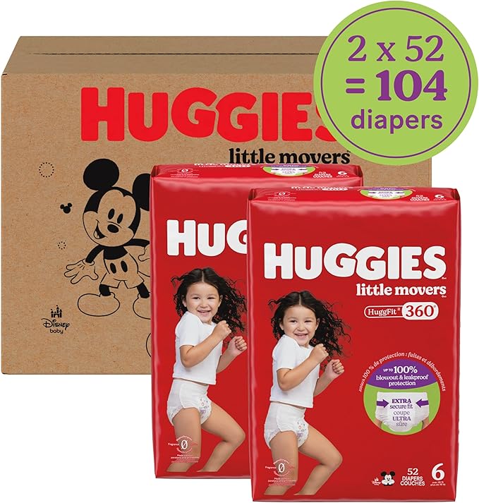 Huggies Size 6 Baby Diapers, Little Movers HuggFit 360° Baby Diapers with 360° Waistband, Size 6 (35+ lbs), 104 Count (2 Packs of 52), Packaging May Vary