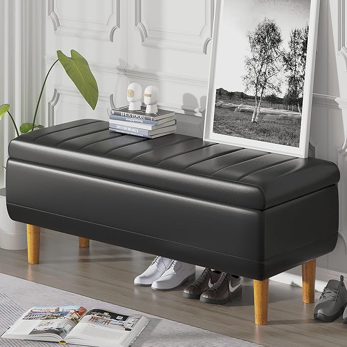 VECELO 44.5" Ottoman with Storage, Storage Ottoman Bench with 2 Gas Spring Lid Supports, PU Leather Upholstery, Solid Wood Legs, Black Shoe Bench for Bedroom, Living Room, Entryway